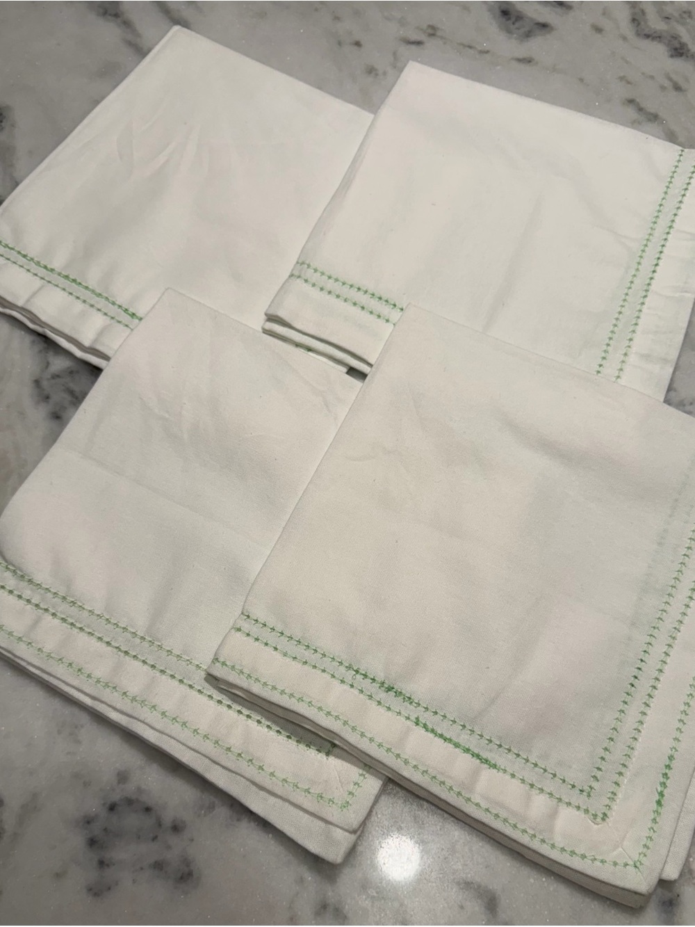 White Hemstitch Napkins with Green Accent - 4 Pack
